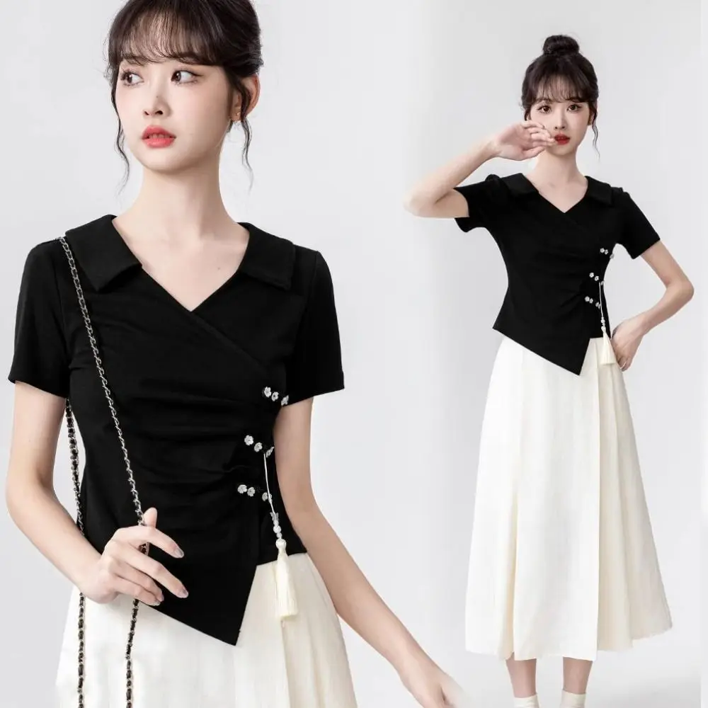 

Кулон с кисточками, футболка с нерегулярным v-образным вырезом и лацканами, женские тонкие укороченные топы в китайском стиле, женские летние топы с цветочными пуговицами