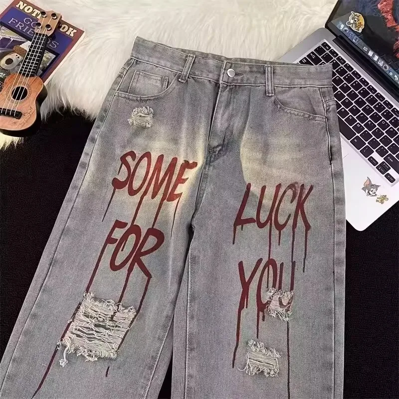 

Джинсы Waed с винтажным принтом, свободные, прямого кроя, унисекс, повседневные, модные, синие, из денима, для мужчин и женщин