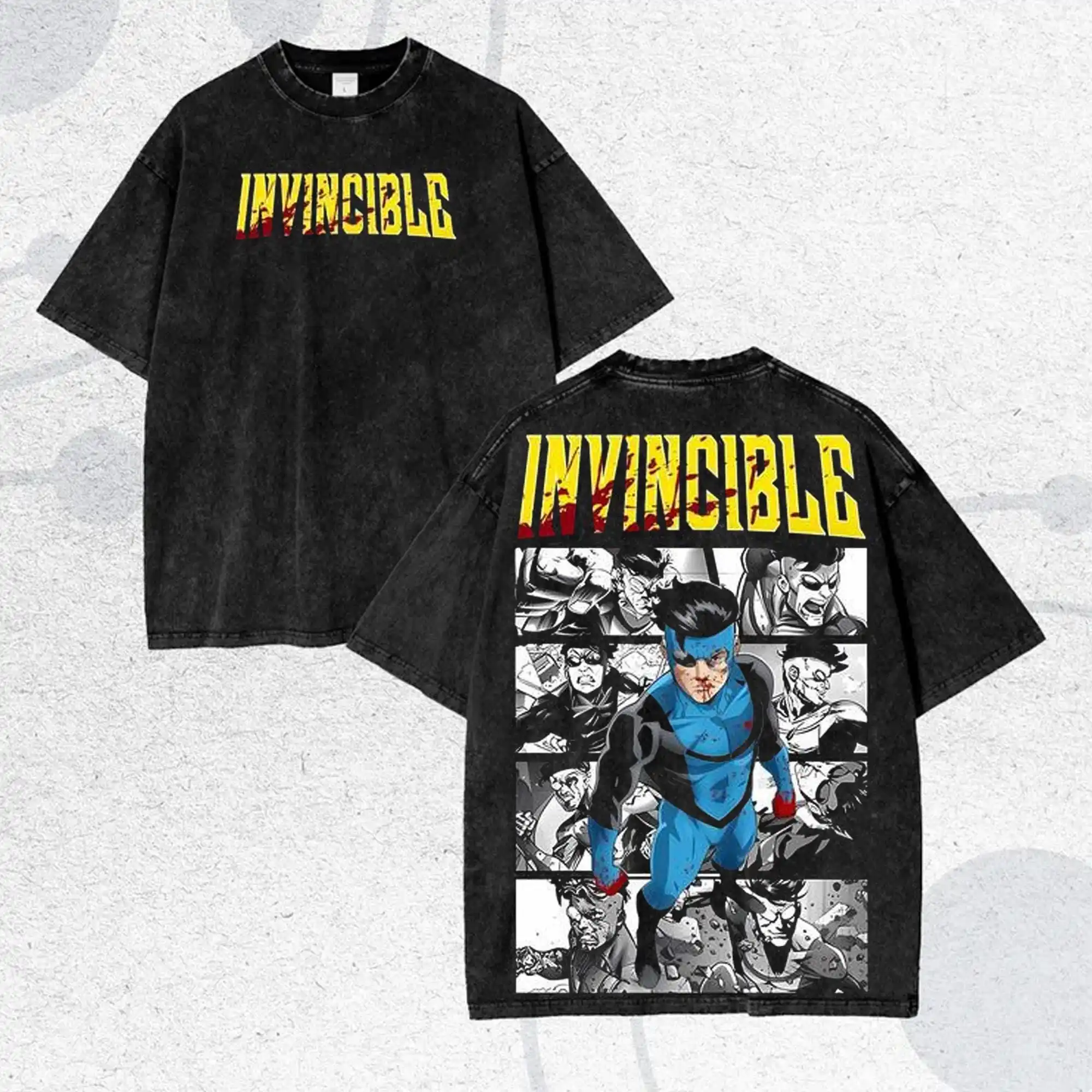 Anime Omni Man Invincible Manga Graphic Print T-Shirt Men Women Retro Washed O-neck Cotton Oversize Short-Sleeved Summer New Tee