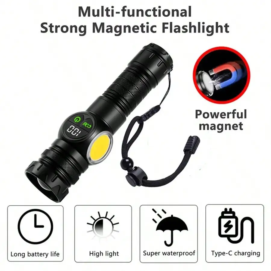 1pc Rechargeable LED Tactical Flashlight,High Power Portable Torch Digital Power Display,COB Side Light Magnetic Camping, Hiking