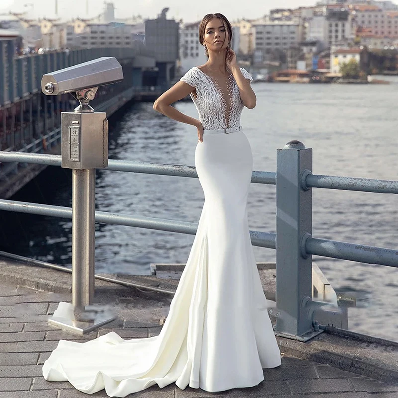 

Vintage Mermaid Wedding Dress Satin With Beading Slim-Line Ball Gown O-Neck Backless Bridal Dress Customized Vestido De Novia