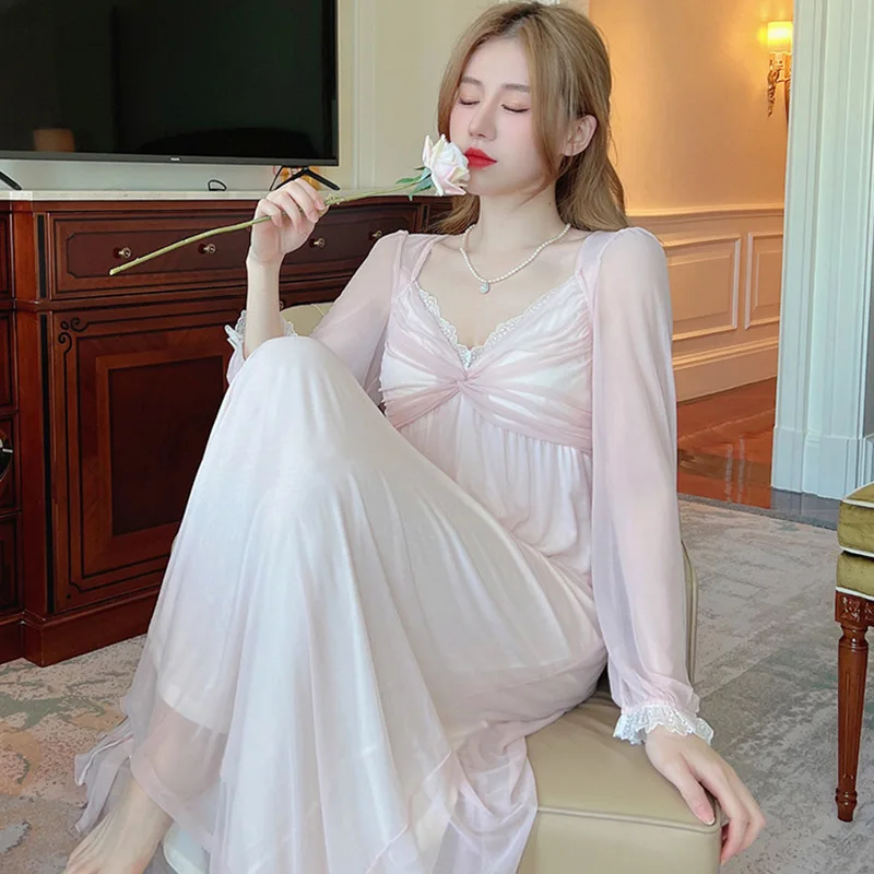 Women Long Nightgown Sleepwear Spring Summer French Sexy Fairy Palace Style Nightdress Casual Mesh Home Clothes Lounge Wear