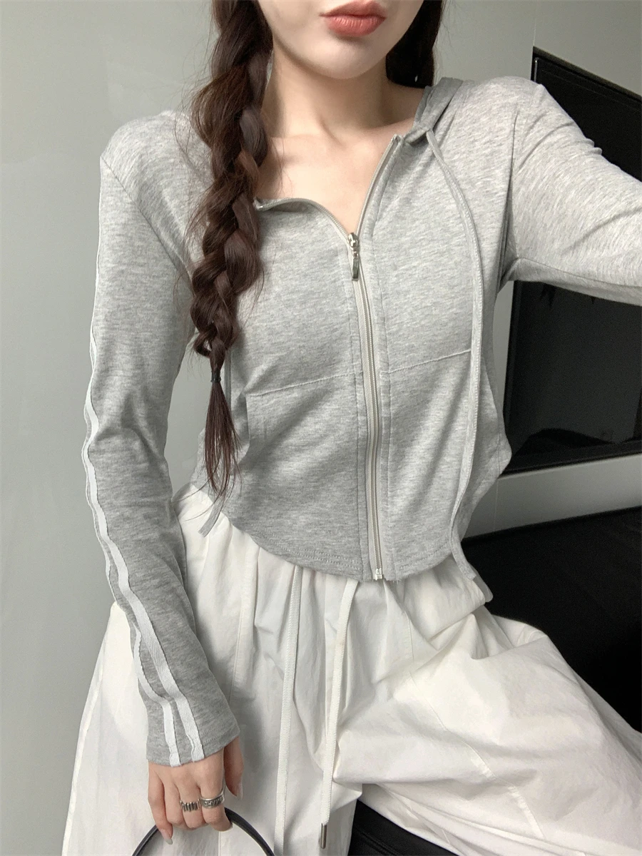 

Irregular hooded T-shirt slim fit sun protection clothing for women 2024 Spring and Autumn new long sleeved cardigan jacket gray