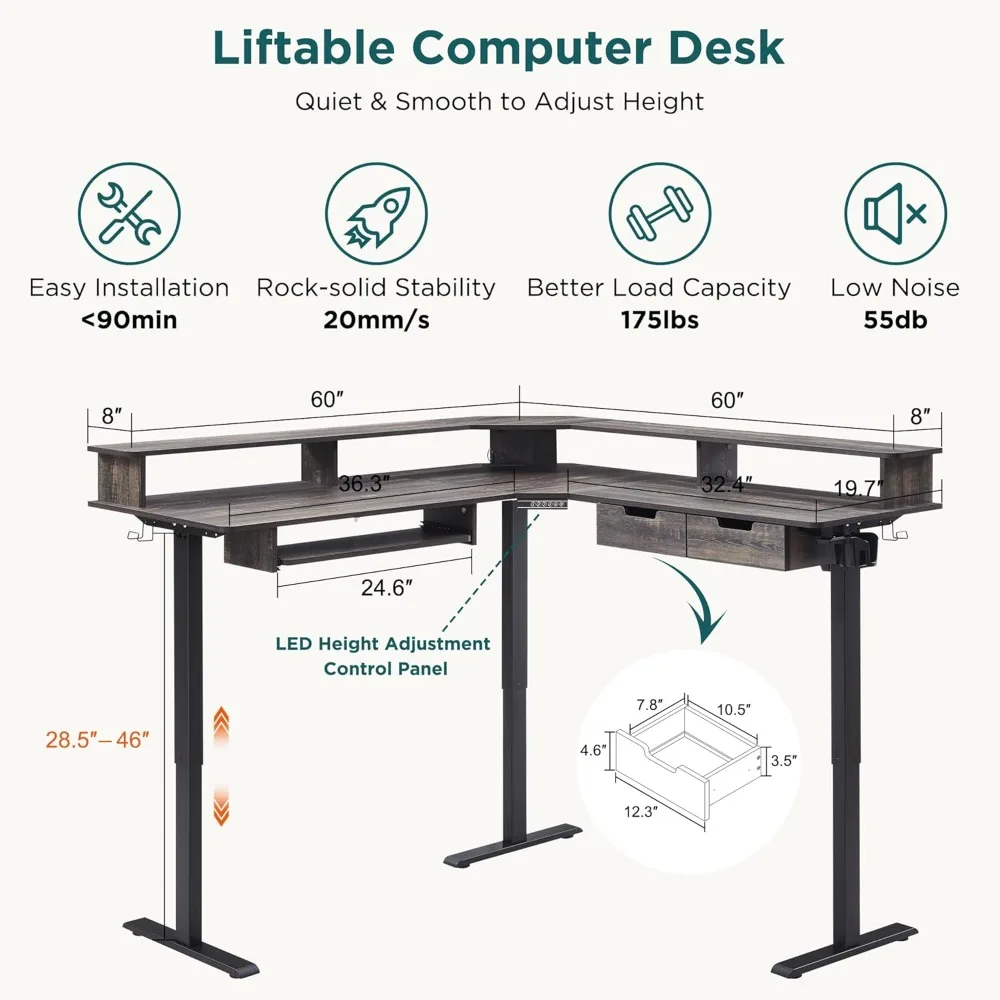 60 Inches L Shaped Electric Standing Desk,Height Adjustable Corner Gaming Desk with Drawers, Keyboard Tray