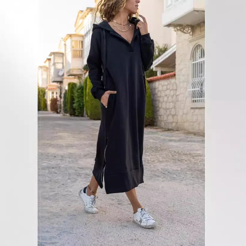 2025 Women Hoodies Dresses Long Sleeve Hooded Knitted Sweatshirts Dress Solid High Street Loose Vestidos Draw String Autumn