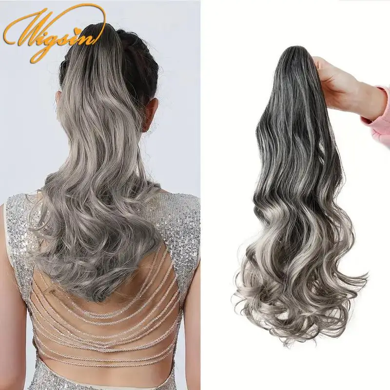 WIGSIN 18Inch Synthetic Long Curly Claw Clip On Ponytail Hair Extensions Gray Gradient Claw Clip Pony Tail Hairpiece For Women