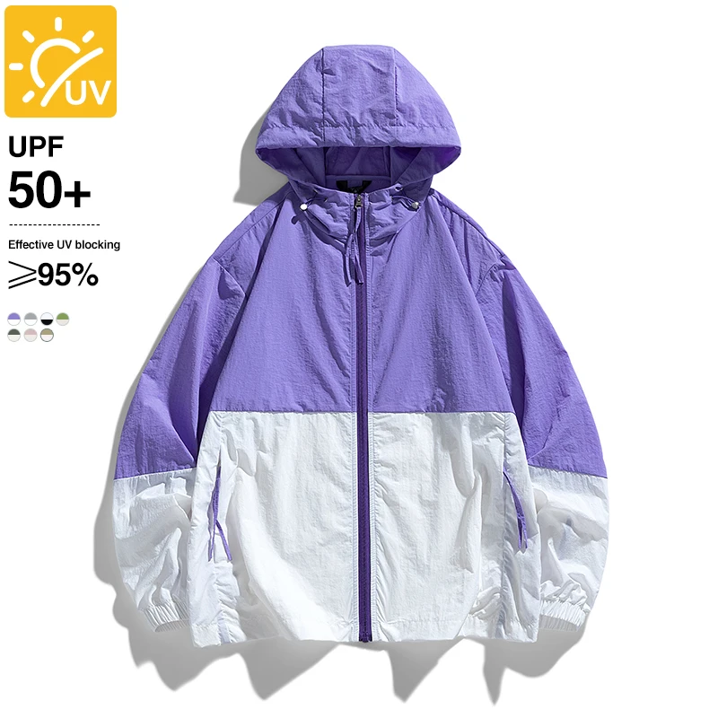 

UPF 50+ Sun Protection Quick-Drying Clothes Men Women Lightweight Splicing Hooded Ice Silk Anti-UV Jacket Outdoor Sports Coats