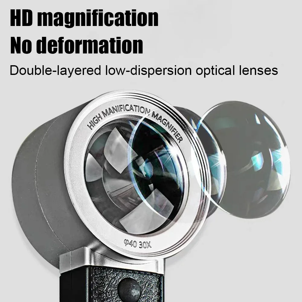 Lupa profesional con 4 luces LED, lentes ópticas de doble capa, 30X, herramientas de inspección