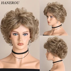 HANEROU-pelucas sintéticas cortas en capas de corte Pixie para mujer, cabello ondulado, rizado, Rubio, marrón, mezclado, natural, fiesta diaria