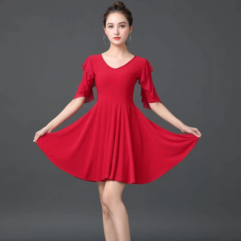 

Summer Latin Dance Dress Black Red Ballroom Standard Dance Costume Stage Performance Dancewear Jitterbug Practice Dress AMY2212