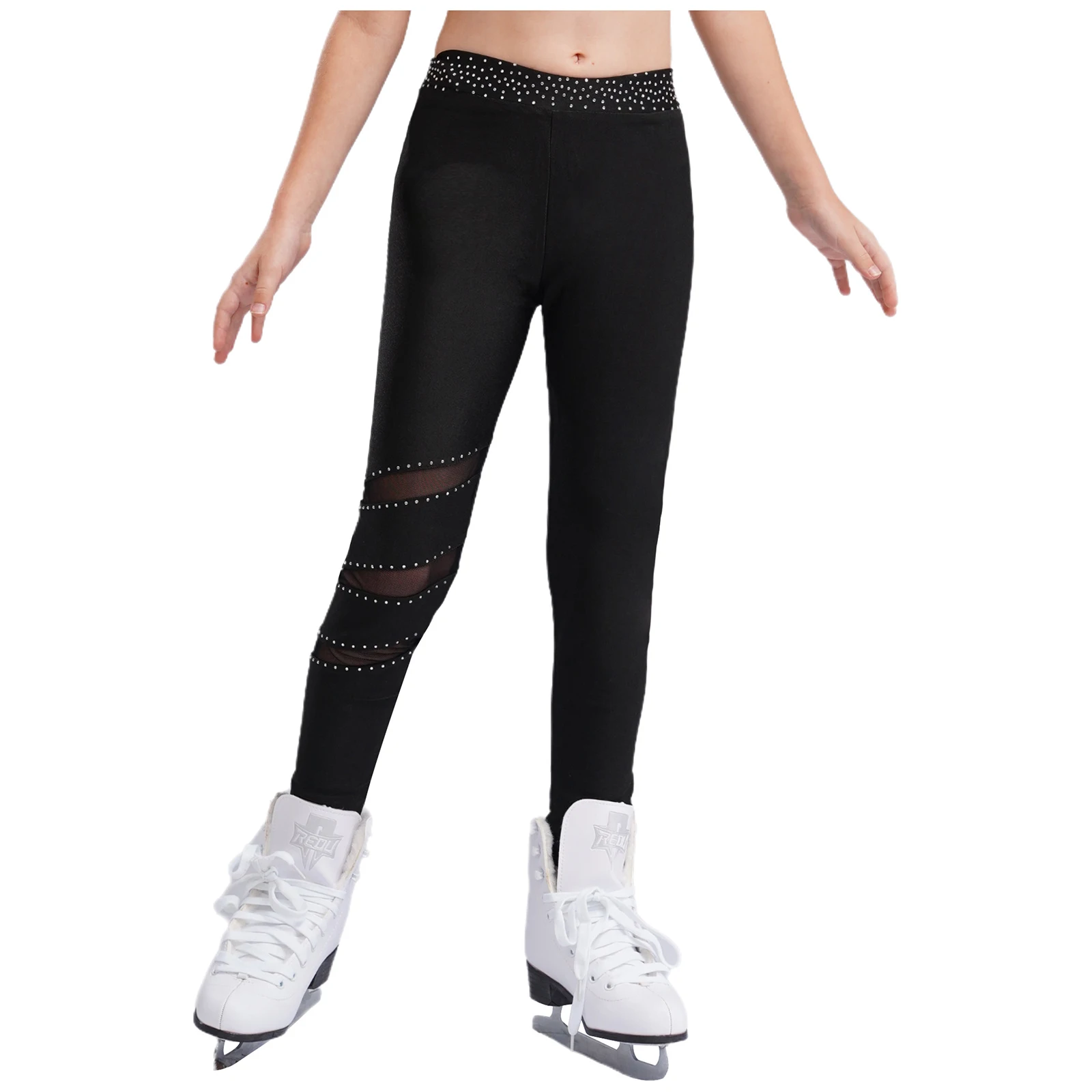 Kids Girls Figure Skating Pants Sparkly Rhinestones Elastic Waistband Leggings Sheer MeshTrousers for Dance Rhythmic Gymnastics