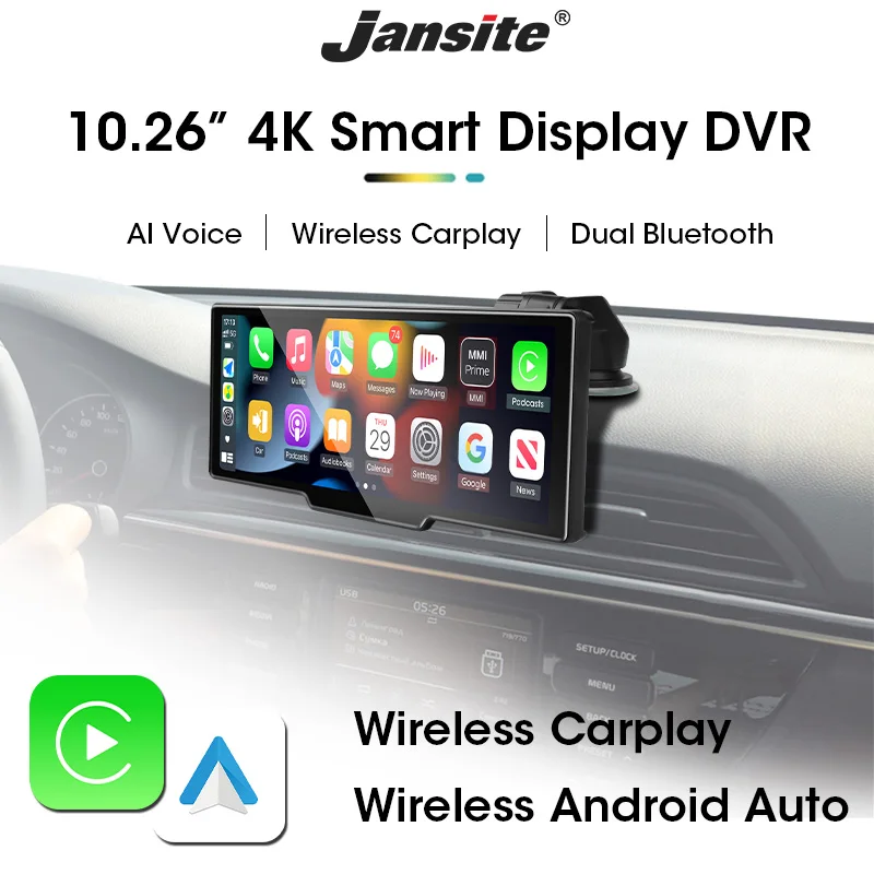 

10.26" Car Screen 4K Dual Lens DVR Video Recorder Wireless Carplay & Android Auto Navigation Voice Control Car Monitor Display