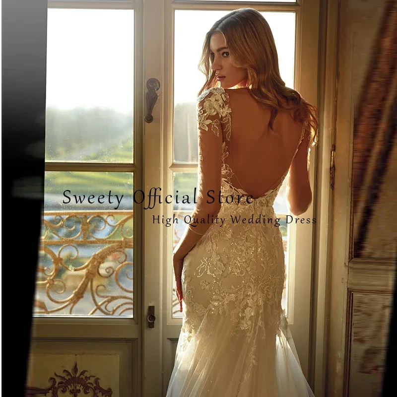สง่างามเงือกชุดแต่งงานปักลูกไม้สุทธิกับO-คอShortsleeves BridedressเปลือยVestido De N Oviaที่กําหนดเอง