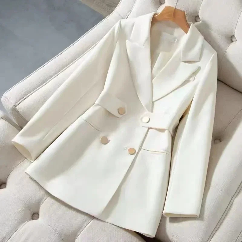 

White and black Women's Suit Jacket Fashion Temperament Slim Elegant Blazer Coat Double breasted Female Thick Casual Outwear top