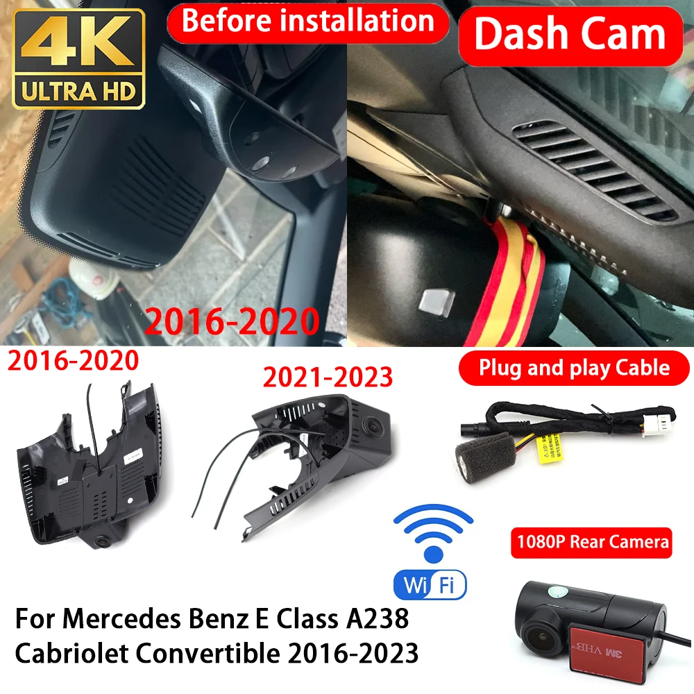 Cámara para Auto Mercedes Benz Clase E A238 Cabriolet Convertible 2016-2023, 4K 2160P, Cámara Delantera y Trasera, DVR, Wifi, Plug & Play