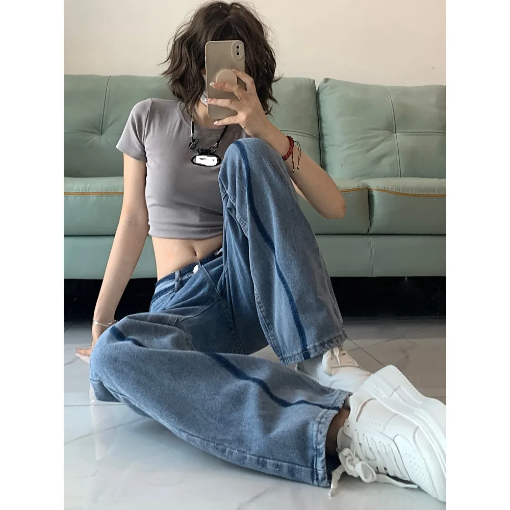 2025 Jeans dames nieuwe stijl patchwork ontwerp, hoge taille rechte pijpen wijde pijpen losse afslankende dweilbroek dames y2k streetwear