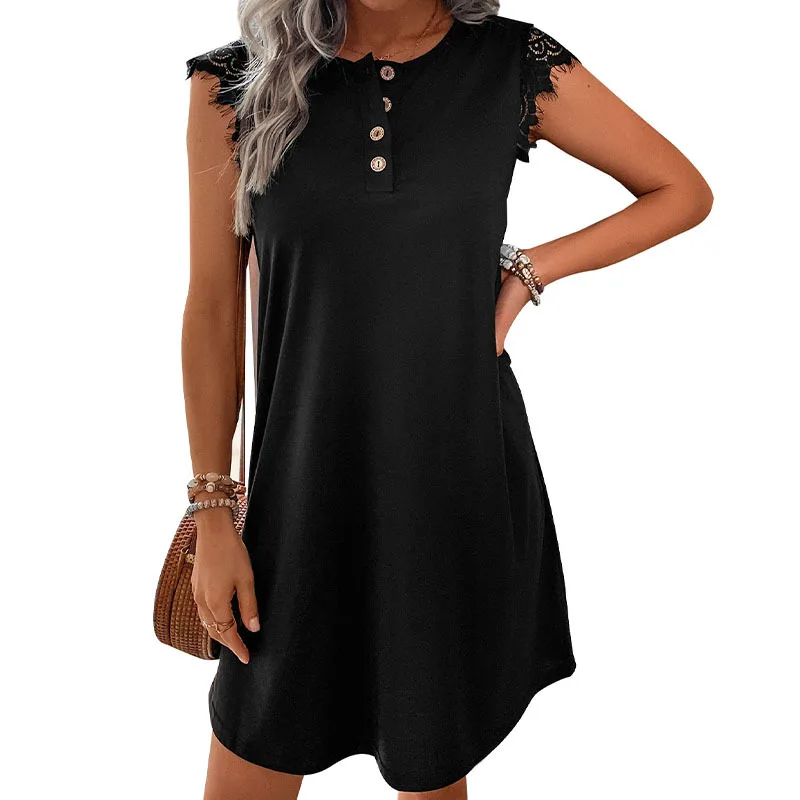 فستان كاجوال بسيط لربيع وصيف 2025 من الدانتيل بدون أكمام تنورة تي شيرت نسائية مستقيمة