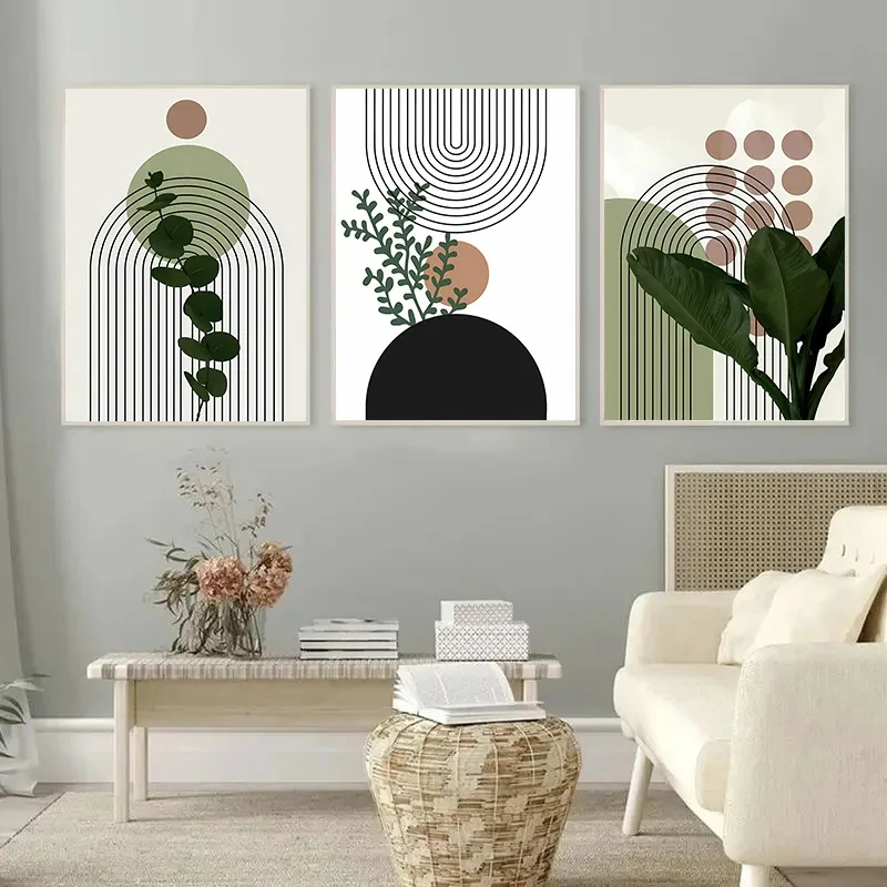 

3pcs Modern Abstract Boho Poster Geometric Plant Leaf Sun Line Canvas Painting Wall Art Print Picture Living Room Interior Decor