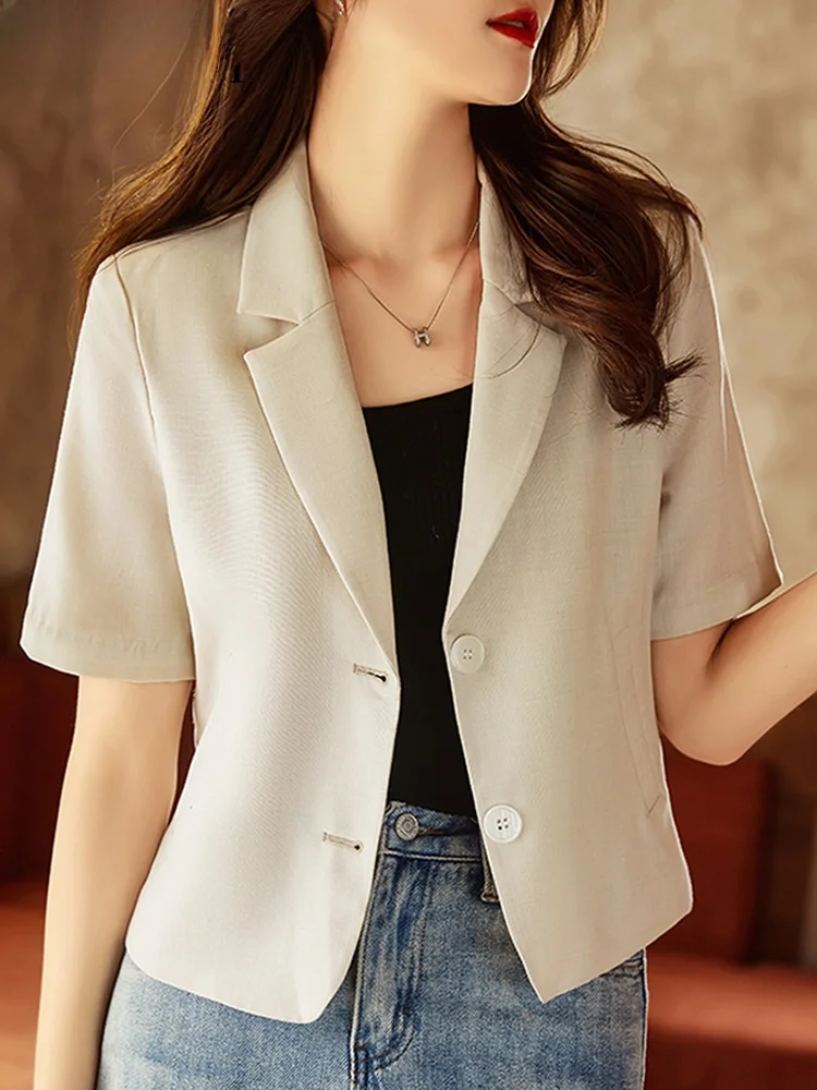 

La Chapelle White ort Sve Suit Jaet Women's Summer Thin Casual Faion Small Size Western Sle Top Buttoned up