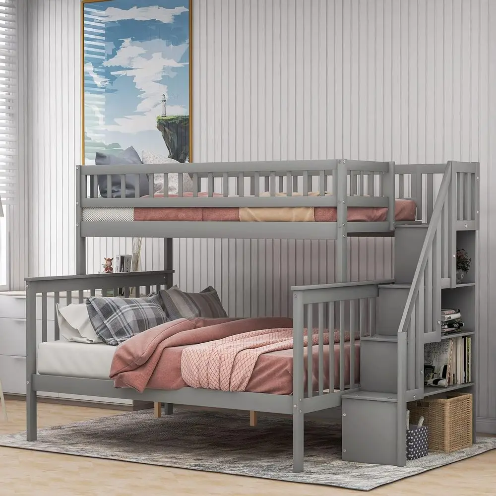 

Twin Over Full Bunk Bed with Staircase, Storage, Safety Rails, Wooden Slats, Grey