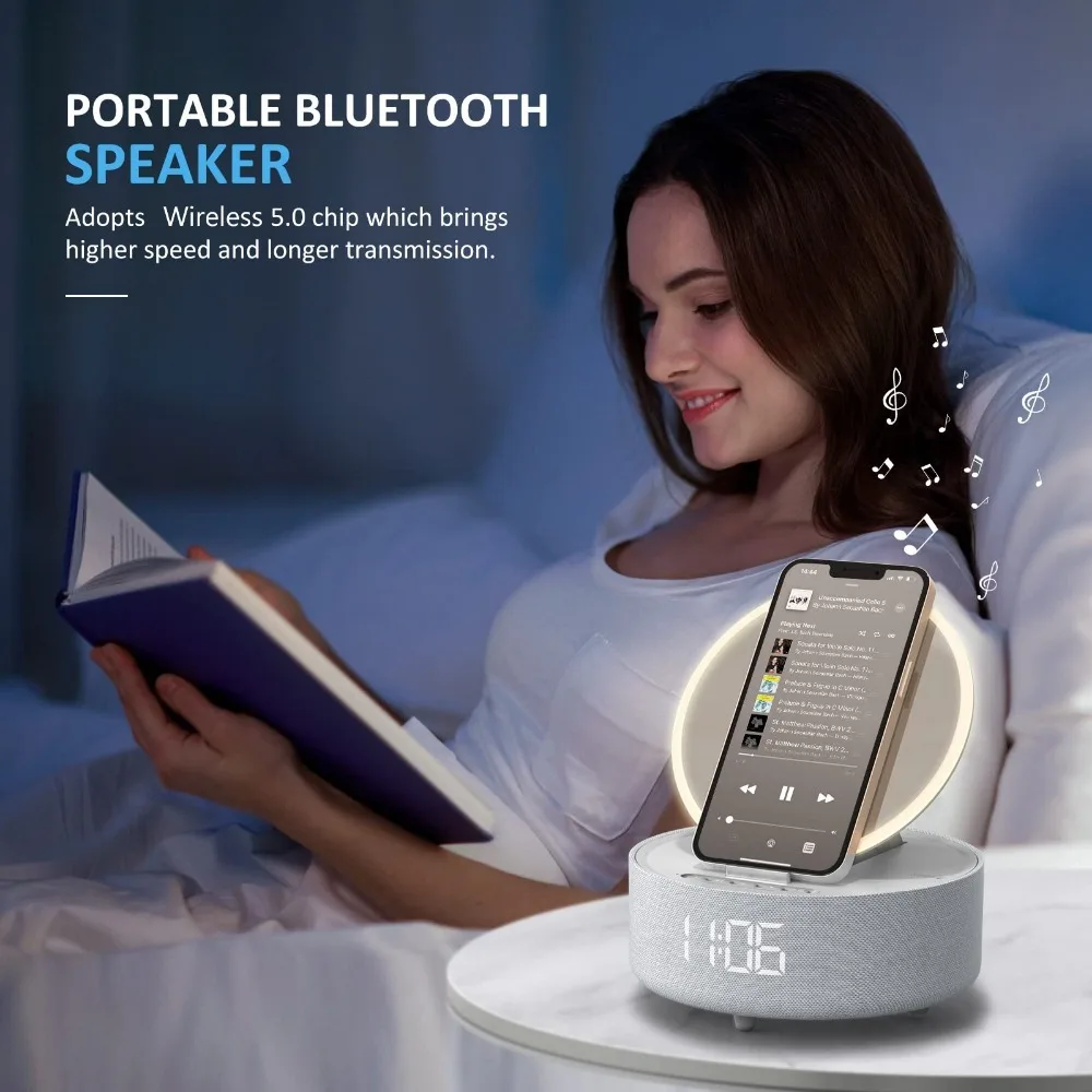 4-in-1 15W wireless charger alarm clock LED night light Bluetooth speaker with makeup mirror suitable for iPhone XiaoMi charger