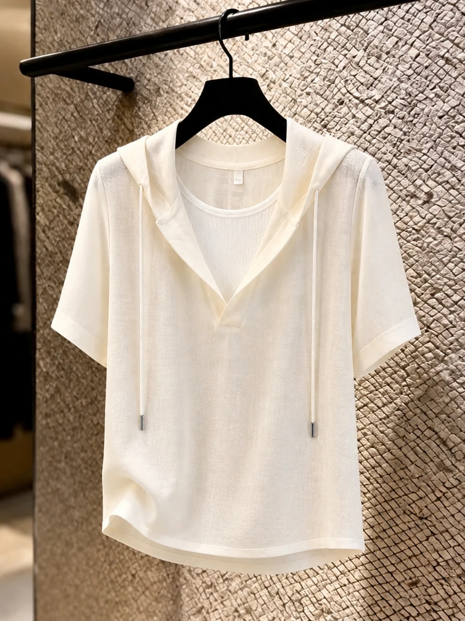 

Laid-back Loose Fit Slimming Hoodie Fake Two-Piece T-Shirt Short Sleeve Trendy Casual Top Korean Style Straight Cut Silk