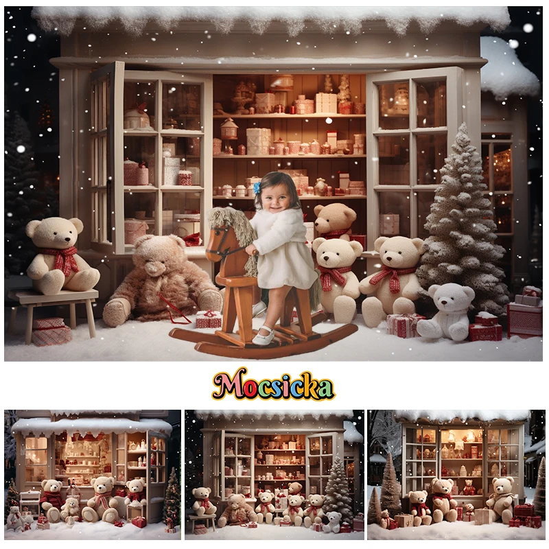 Mocsicka-Fond de photographie de Noël d'hiver, fenêtre, magasin de jouets, ours mignon, enfant, fête de famille, décor de portrait, toile de fond, studio photo