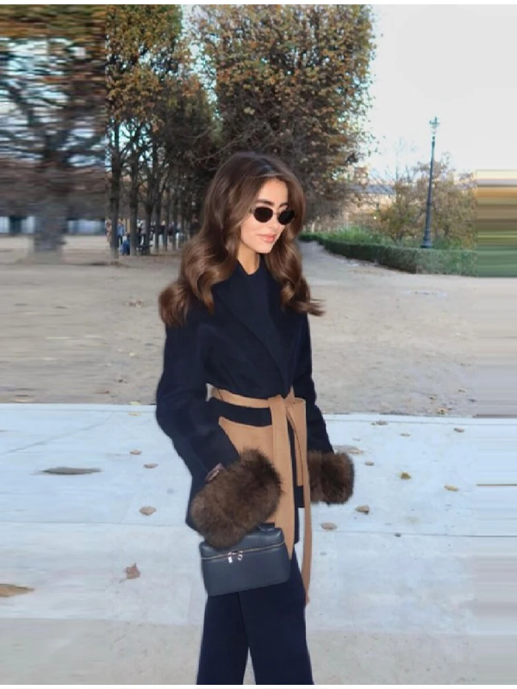 Women Color Block Short Wrap Coat Lapel Collar Waist Tie Faux Fur Cuffs Long Sleeve Loose  Elegant Fall Winter Daily Outerwear
