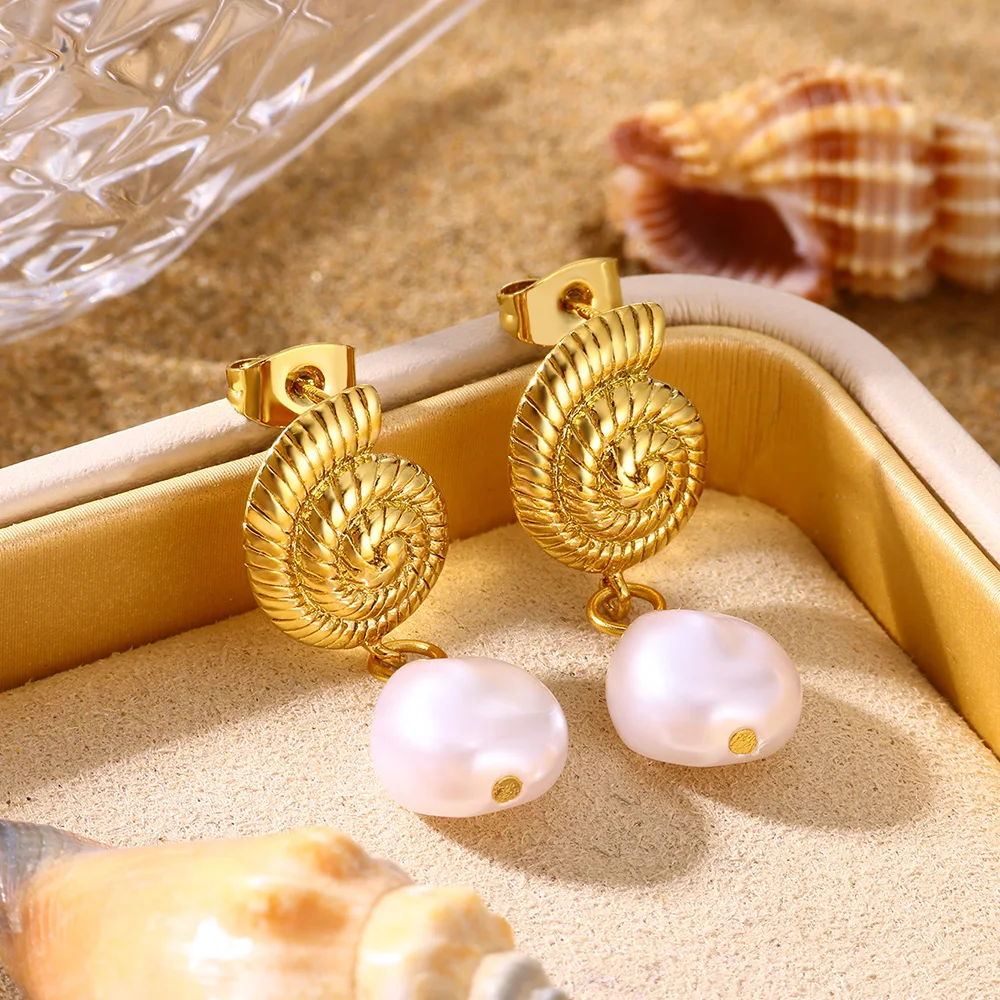 Minimalist Conch Dangling Earrings With Synthetic Pearl Cute Ocean Animal Women Stud Earrings Mother Grandmother Christmas Gift