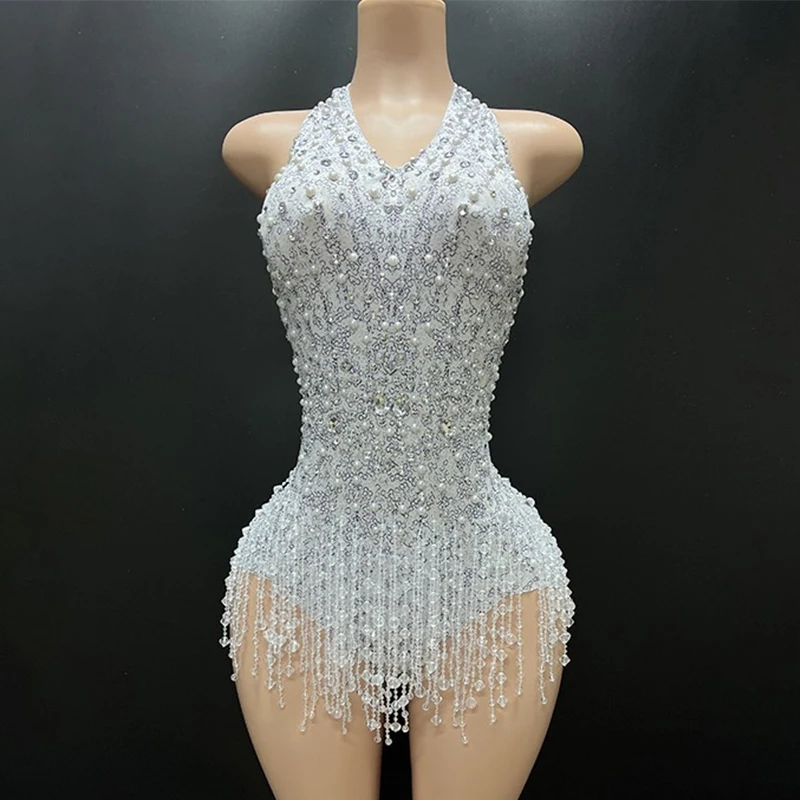 Nigtclub Bar Ds Costume Pearl Tassel Bodysuit Women Sexy Gogo Dancer Clothing Singer Stage Costume Festival Party Rave Wear 2392