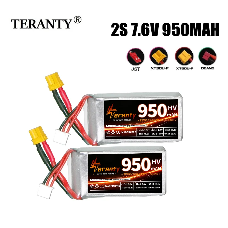Teranty 2S HV 7.6V 950mAh 120C LiPo Battery XT30U‑F Plug 52g 8.7V HV Lipo for 2‑3 Inch FPV Racing Drone Tiny Whoop RC Aircraft