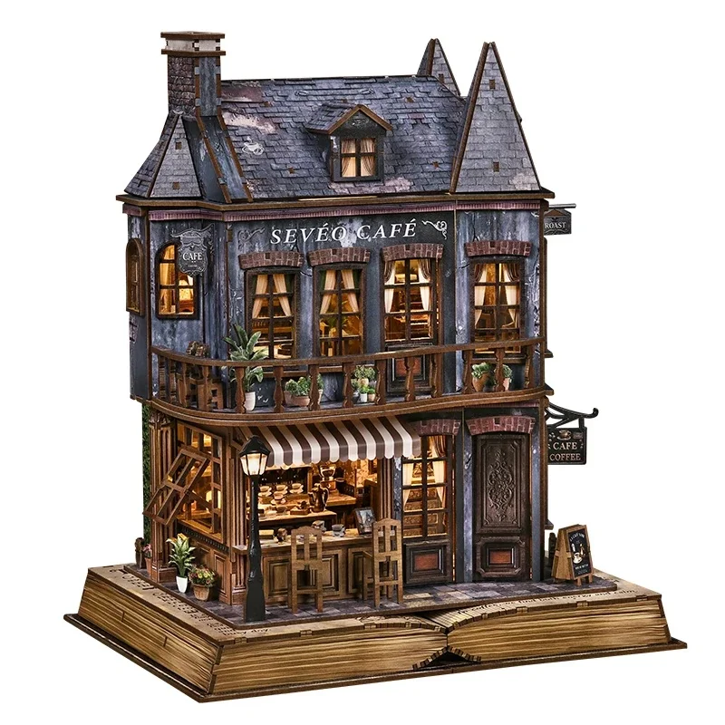 DIY Wooden Miniature Model Kits Book Corner Cafe Cottage 3D Puzzle Coffee Dollhouse With Furniture for Friends Birthday Gifts