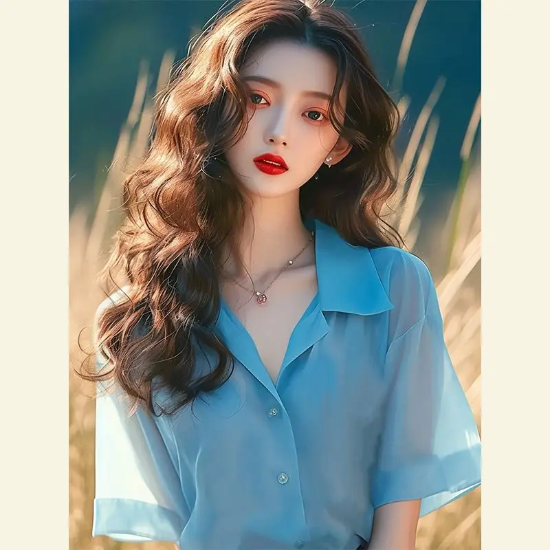 

French Unique Design Blue Chiffon Short Sleeve Blouse for Women Summer