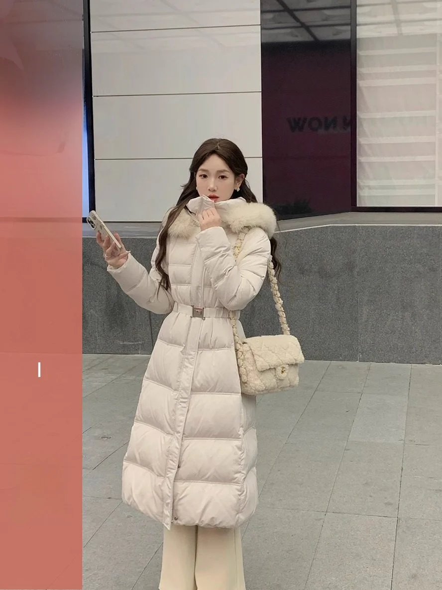 

Женская пуховая куртка Ele 90% пух, белая, с меховым воротником, приталенная, с воротником-стойкой, теплая верхняя одежда, зимнее пальто