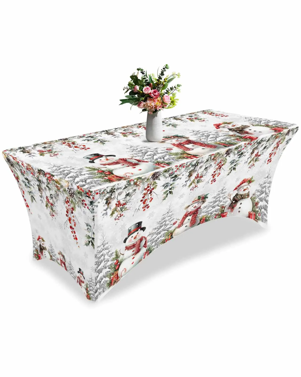 Christmas Pine Berry Eucalyptus Leaf Snowman High Stretch Tablecloth Wedding Party Decor Table Cover Outdoor Table Cloth