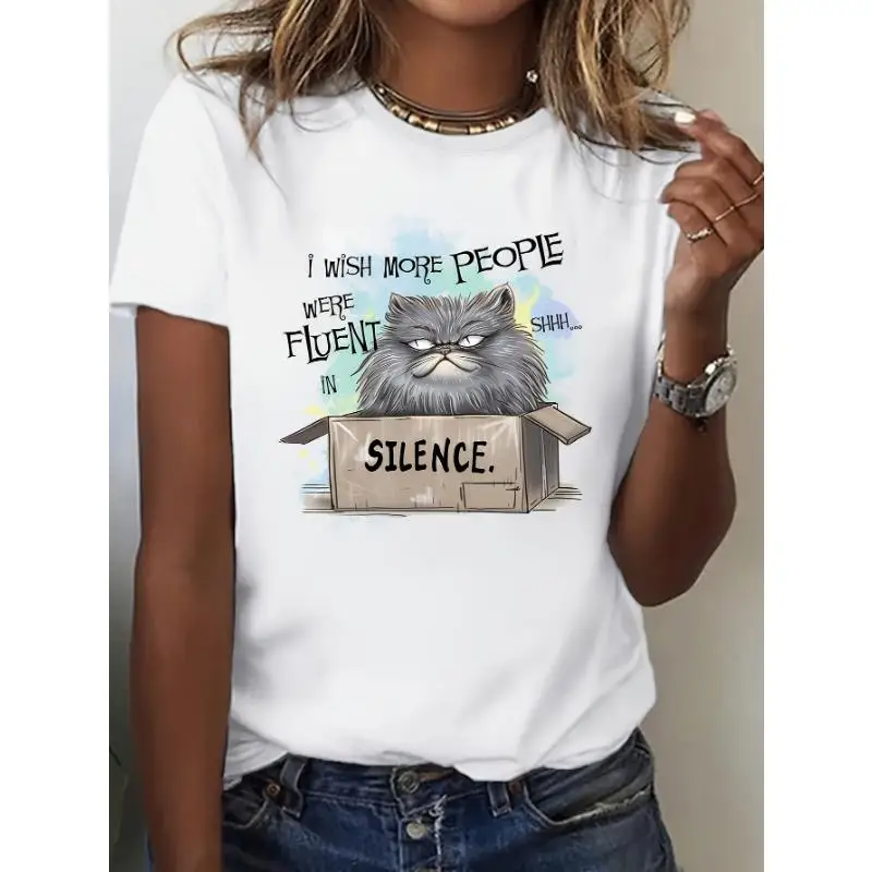 

I Wish More People Were Fluent in Silence T-Shirt, Funny Grumpy Cat Graphic Tee, Pet Lover Quote Sarcastic Top