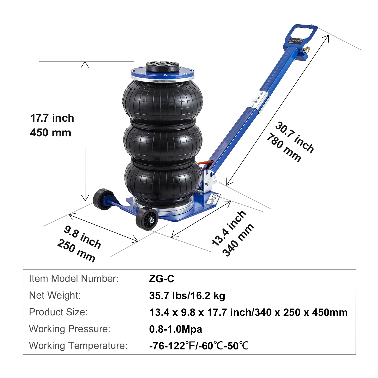 SucceBuy pneumatische krik 3 ton/5 ton drievoudige zak luchtkrik snellift zware autoreparatiekrikken opvouwbare stangkrikken met twee wielen