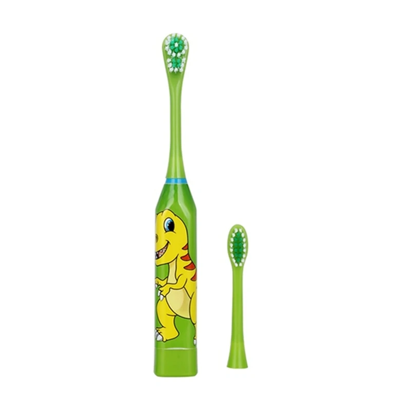 2Pcs Children Electric Toothbrush Cartoon Pattern Double-Sided Electric Teeth Brush For Kids With 4 Pcs Head Green & Red