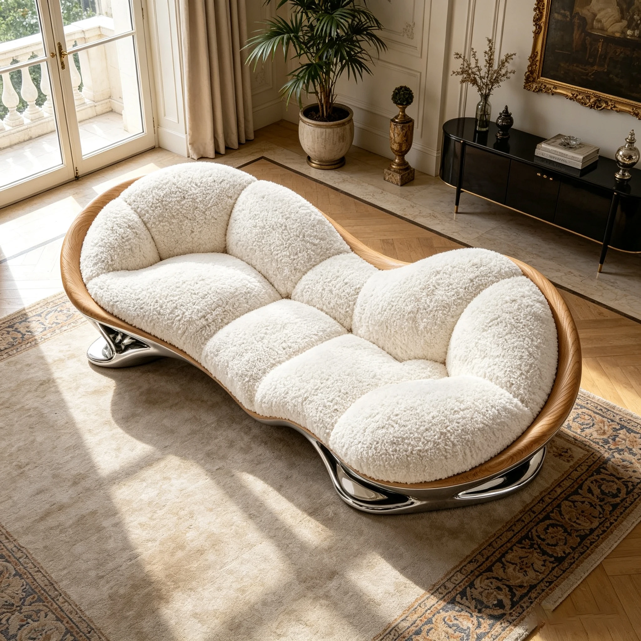 Z*-White Fluffy Boucle Home Sofa Combined Wood-Grain Fiberglass Edge for Luxury Living Room Decoration^