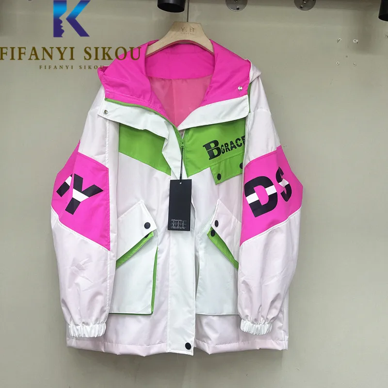 2023 Spring Women Patchwork Jacket Letter Print Hooded Windbreak Coat Big Pocket Fashion Spliced Loose Zipper Jackets Female