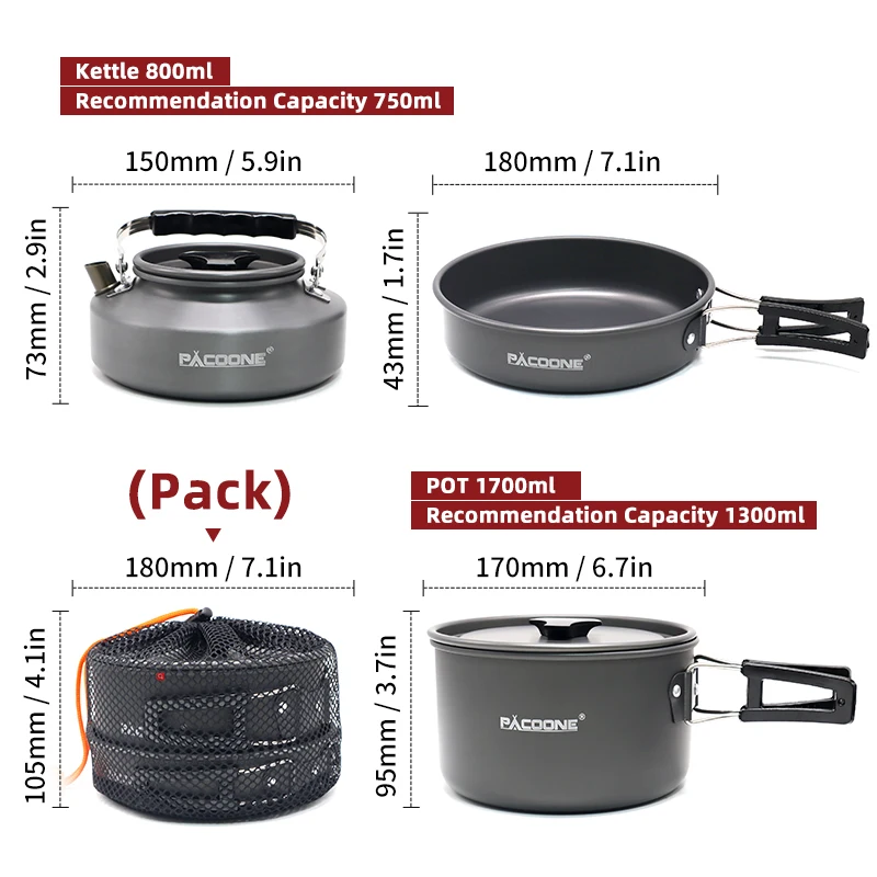 PACOONE Camping Cookware Set Portable Cookware Kit Outdoor Pot Cooking Water Kettle Pan Set Tableware Hiking Picnic Equipment