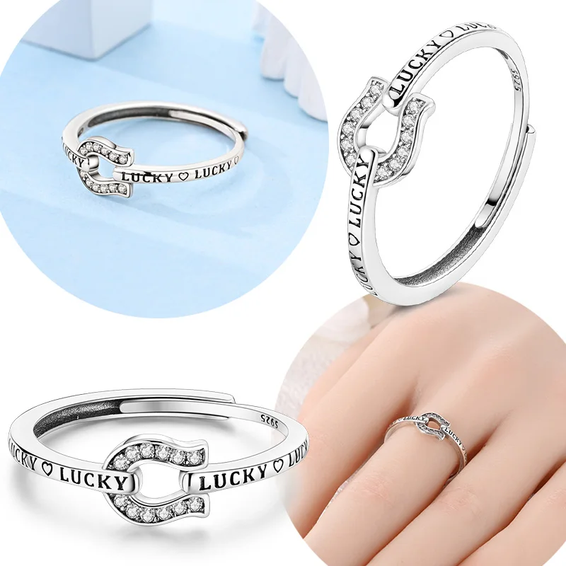 

Original Real 925 Sterling Silver Horseshoe Ring Lucky Ring Adjustable Size Open Ring For Women Wedding Jewelry Gift