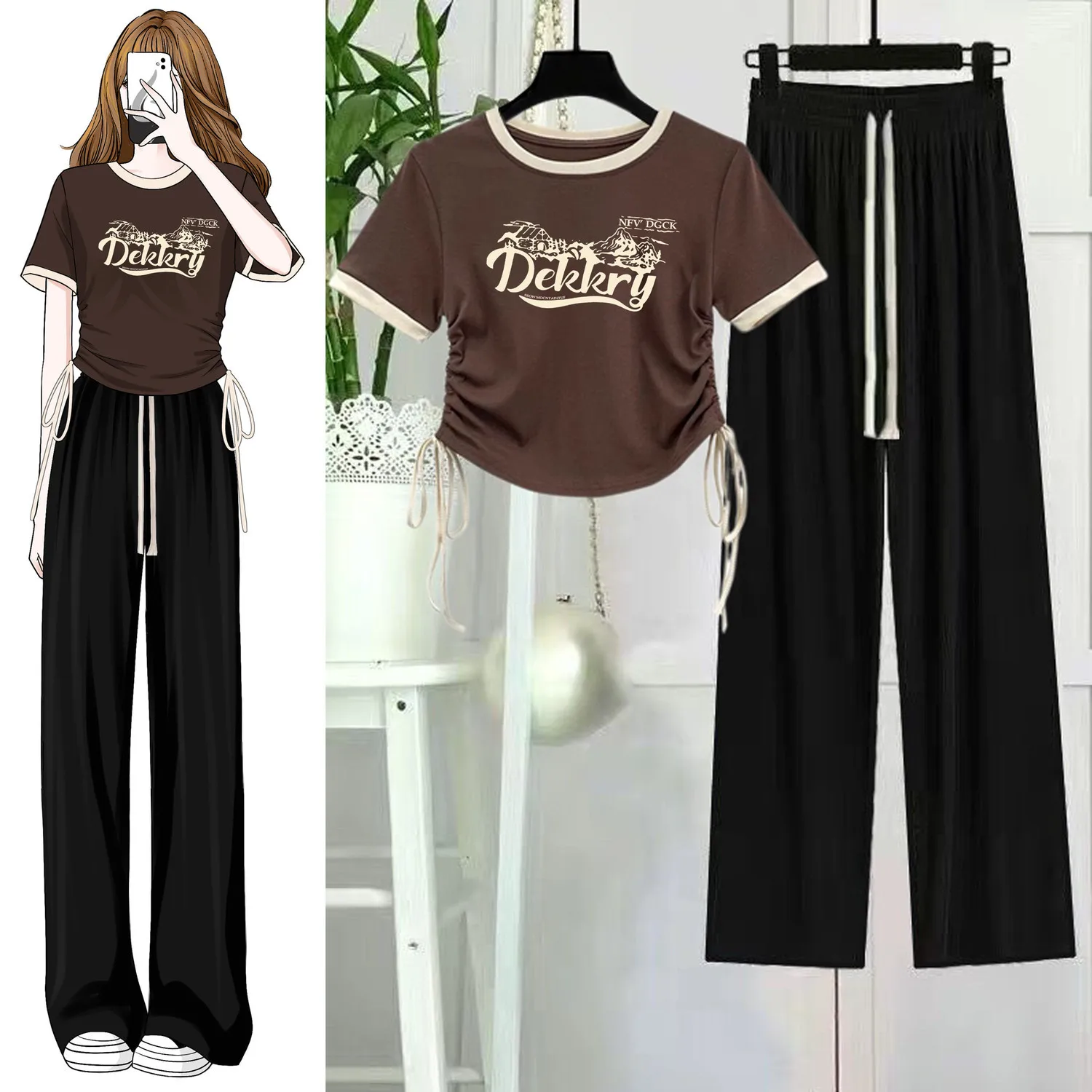 Set of Women's Spicy Girl Outfit Design with Drawstring Short Top+Instagram Style Trendy Wide Leg Pants Two-piece Trendy Set