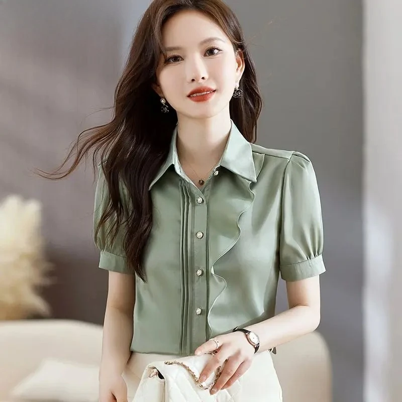 

Fashionable Temperament Versatile Chiffon Shirt Top for Women Short Sleeved Summer New Style