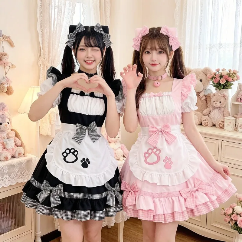

S-3XL Black White Cat Maid Outfit Japanese Sweet Lolita Dress Bell Decor Anime Cosplay Costume Cafe Uniform Halloween Stage Wear