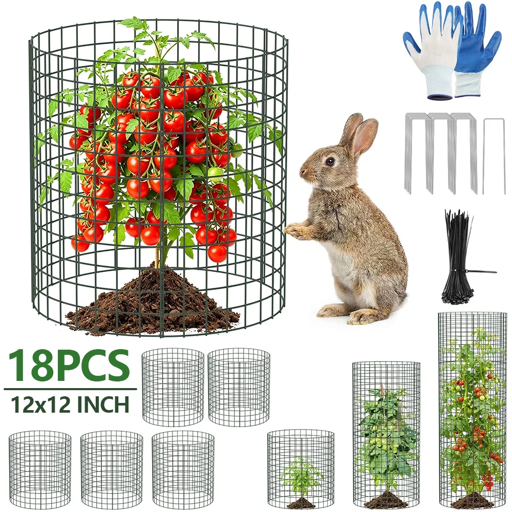 18Pcs Garden Wire Cage Protector 12x12inch Metal Animal Barrier Wire Cage with 18 Stake 100 Zip Tie and Glove Garden Accessories