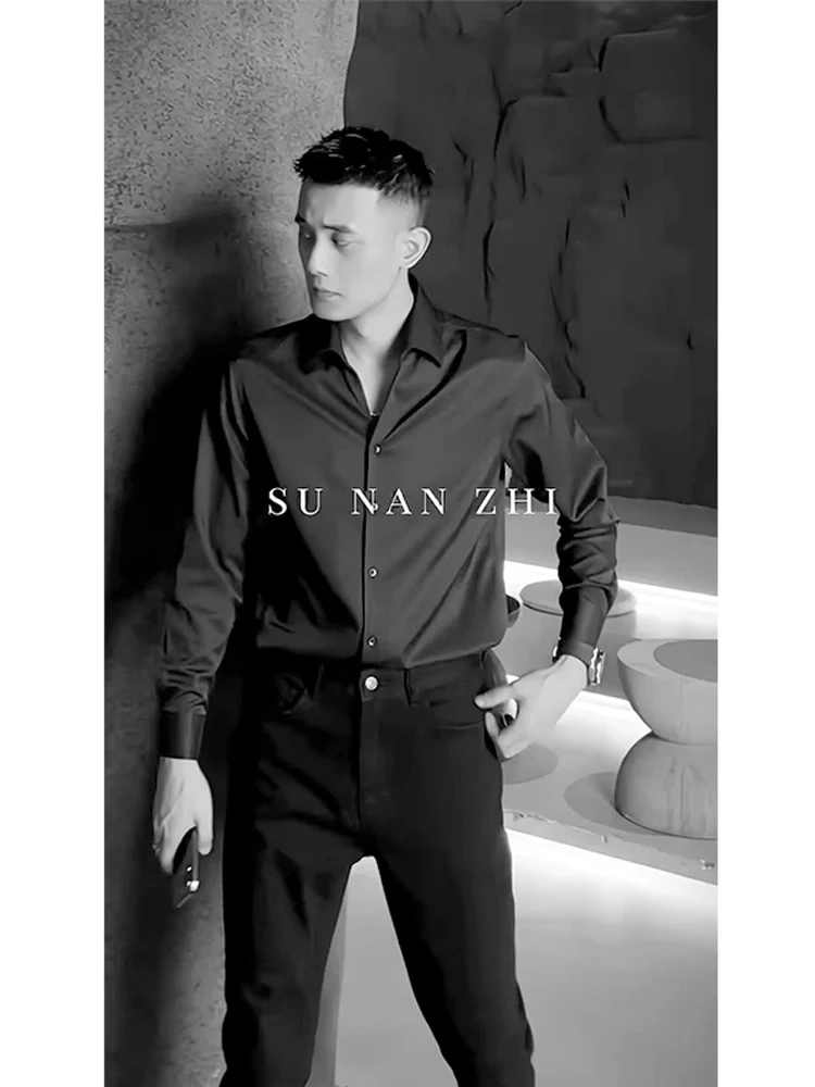 

Мужская рубашка Slim Fit с длинным рукавом в британском стиле, модная молодежная повседневная рубашка из смесового полиэстера для стильных образов