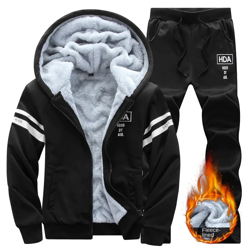 Men Thick Warm Winter Tracksuit 2 Piece Set Sherpa Fleece Lined Hooded Zip Up Jacket Drawstring Jogger Pants Letter Print Casual
