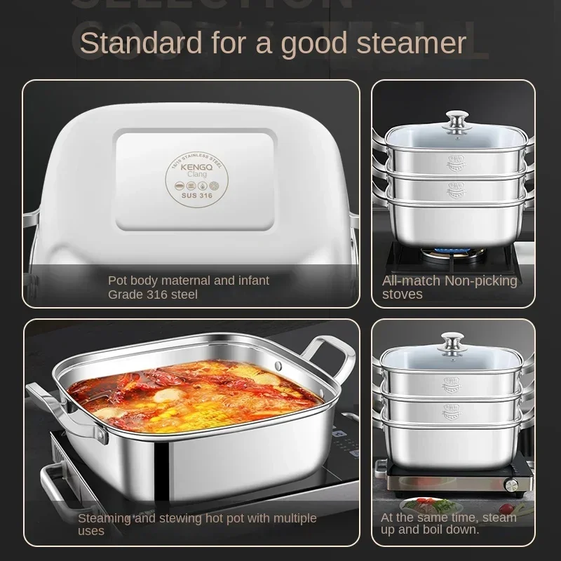 Square Steamer Household 316 Stainless Steel Thickened Double-Layer Three-Layer Steamer Tray Multifunctional Gas Electromagnetic