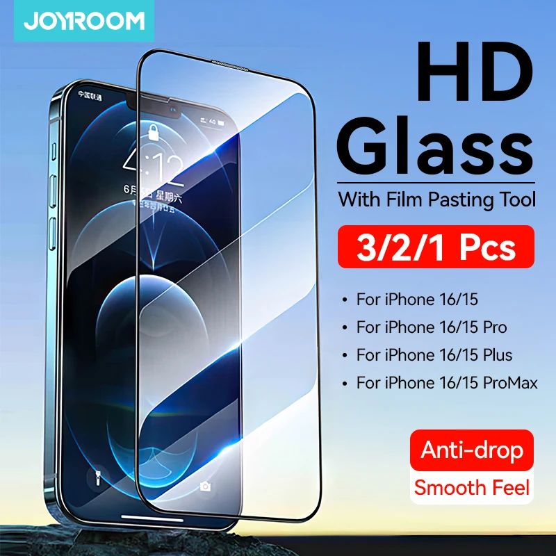 Joyroom 3/2/1PCS HD Glass For iPhone 16 15 Pro Max Screen Protector Full Screen Tempered Glass Protection For iPhone 16 15 Pro